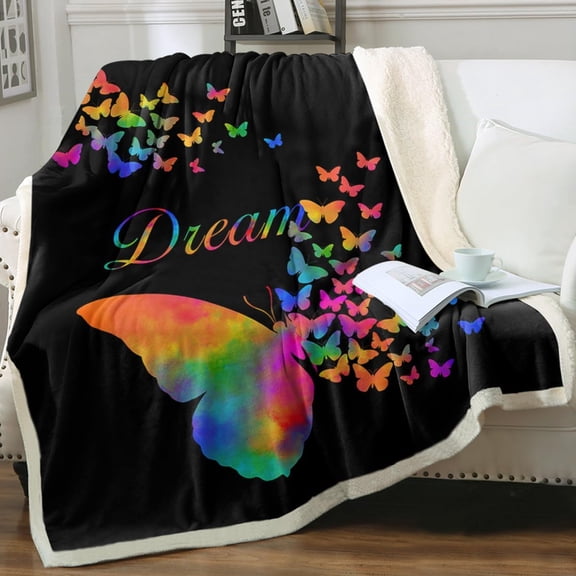 Sherpa Fleece Blanket Rainbow Butterfly Fuzzy Blanket Super Soft Cozy Warm and Plush for Couch Sofa Black Bed Blanket Baby (30" X 40")