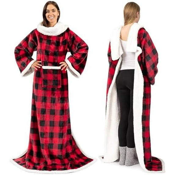 Sherpa Fleece Blanket with Sleeves Women Men Adult, Wearable Blanket Warm Soft Plush Thick, Snuggle Pocket Sleeved TV Throw Wrap, Cozy Idea Mom Wife, Checkered Red