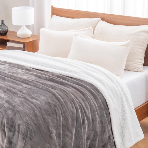 -Sherpa Fleece Blanket, Warm and Soft Loftmink Reversible Blanket for Bed, Sofa and Travel, Charcoal Grey, 90 in x 108 in