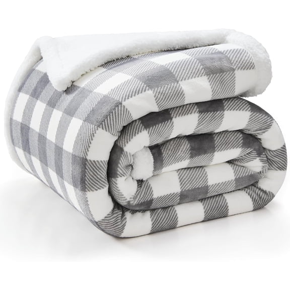 Sherpa Fleece Blankets Queen Size - Grey and White Buffalo Plaid Christmas Blanket, Super Soft Cozy Warm Thick Winter Blanket for Couch and Bed, 90" x 90"