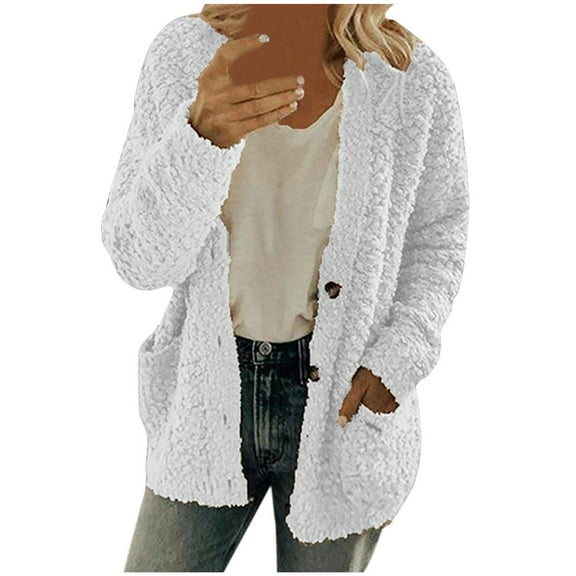 Sherpa Fleece Cardigan Women Pockets Button Up Warm Casual Winter Coat Faux Shearling Shaggy Jacket Outwear