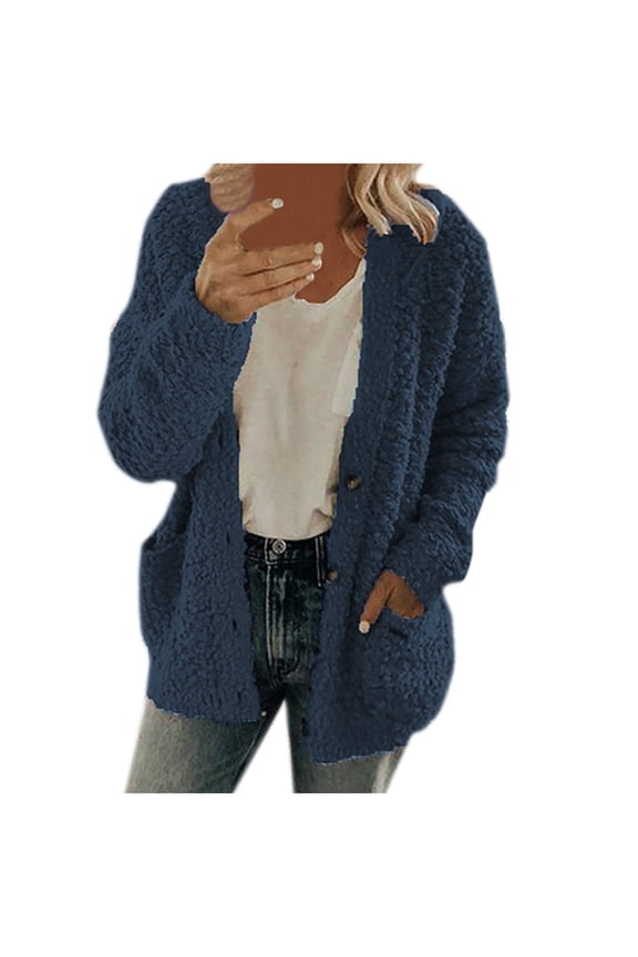 Sherpa Fleece Cardigan Women Pockets Button Up Warm Casual Winter Coat Faux Shearling Shaggy Jacket Outwear