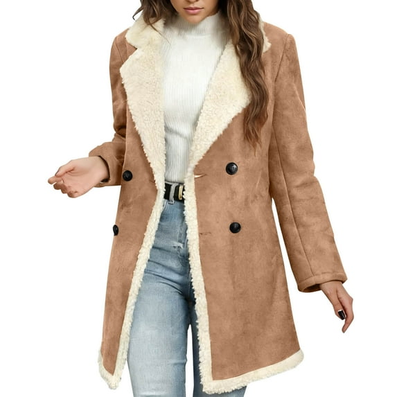 QSAWXQZ Women's Faux Suede Sherpa Lined Coat with Pockets Long Sleeve Lapel Double Breasted Mid Length Casual Winter Jacket Khaki M