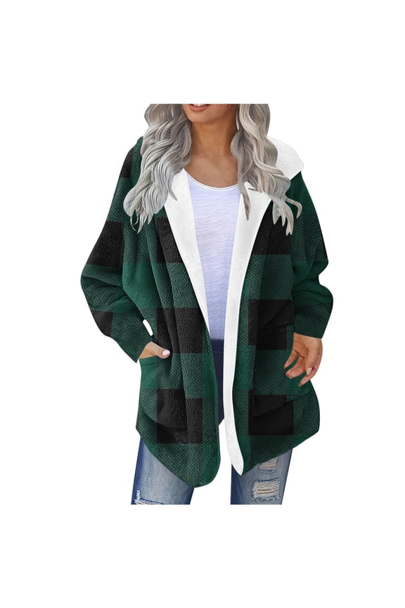 Sherpa Fleece Coat for Women Warm Shaggy Faux Shearling Hooded Cardigan Jacket with Pockets Christmas Winter Clothes (2XL, Army Green)
