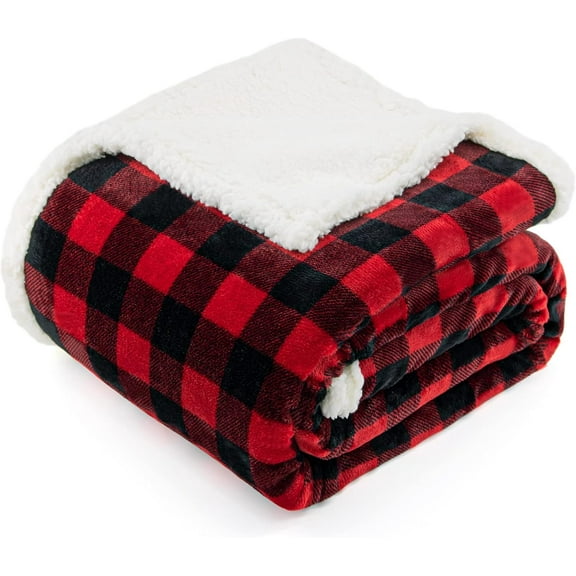 Sherpa Fleece Flannel Blanket Twin Size, Super Soft Warm Buffalo Plaid Plush Microfiber Blankets, Cozy Fuzzy Christmas Blanket for Couch Sofa Bed (Red, 60" x 80")