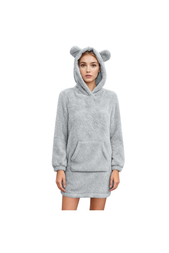 Sherpa Fleece Hoodie Dress for Women Bear Ear Hooded Soft Casual Fuzzy Sweater Pamajas Mini Dresses with Pocket (L, Gray)