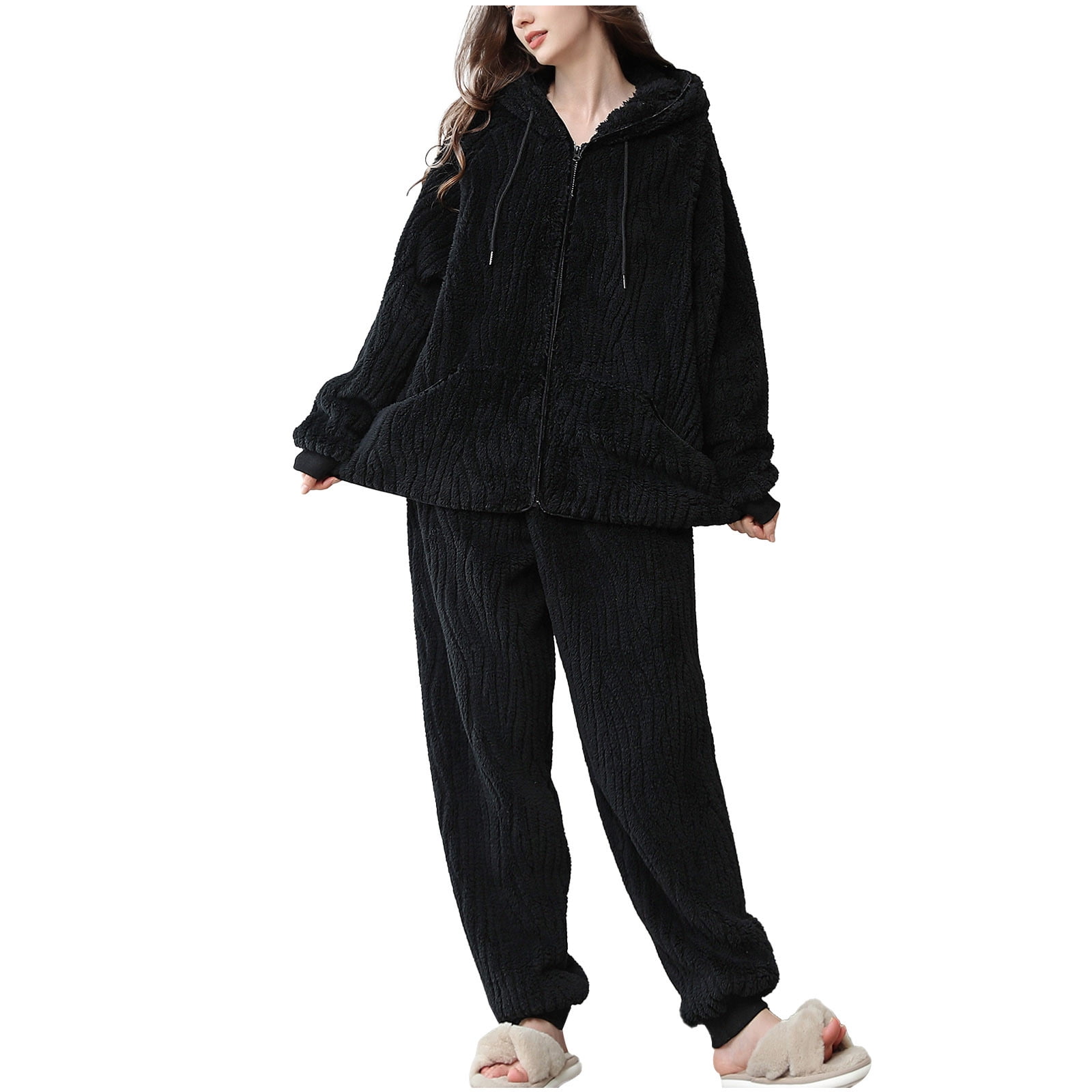 Sherpa Fleece Hoodies Pajamas Set for Women Fuzzy Oversized Zip up Hoodie  Pants Piece Loungewear Sleepwear Winter Clothes