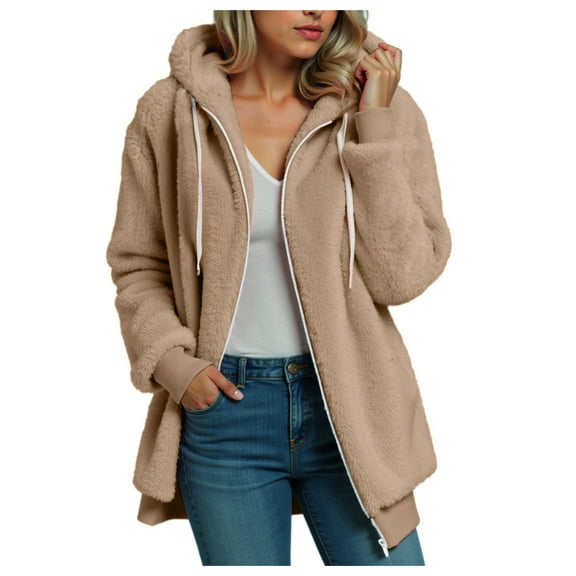 Sherpa Fleece Jacket For Women Full Zip Oversized Long Sleeve Hooded Fuzzy Cardigan Coat Fashion Winter Outwear