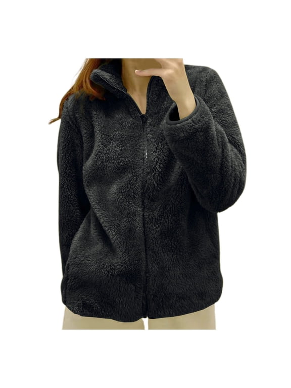 Sherpa Fleece Jacket Women Zip Up High Neck without Hood Warm Jackets Long Sleeve Cozy Fluffy Fuzzy Sweater Coats Black XL