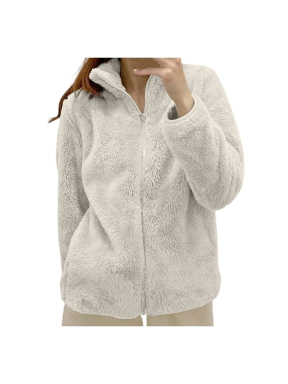 Sherpa Fleece Jacket Women Zip Up High Neck without Hood Warm Jackets Long Sleeve Cozy Fluffy Fuzzy Sweater Coats Gray S