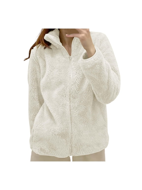Sherpa Fleece Jacket Women Zip Up High Neck without Hood Warm Jackets Long Sleeve Cozy Fluffy Fuzzy Sweater Coats White M