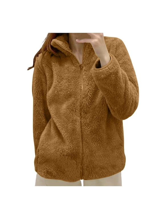 Sherpa Fleece Jacket Women Zip Up High Neck without Hood Warm Jackets Long Sleeve Cozy Fluffy Fuzzy Sweater Coats Yellow 2XL