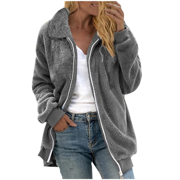Sherpa Fleece Jacket Womens Fuzzy Warm Full Zip Up Sweater Cardigan Lapel Neck Casual Solid/Striped Winter Coat (L, Gray Solid)