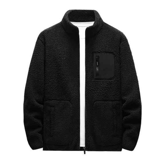 Sherpa Fleece Jacket for Men without Hood, Men's Winter Casual Warm Fuzzy Full-zip Coat with 3 Pockets Stand Collar (XL, Black)