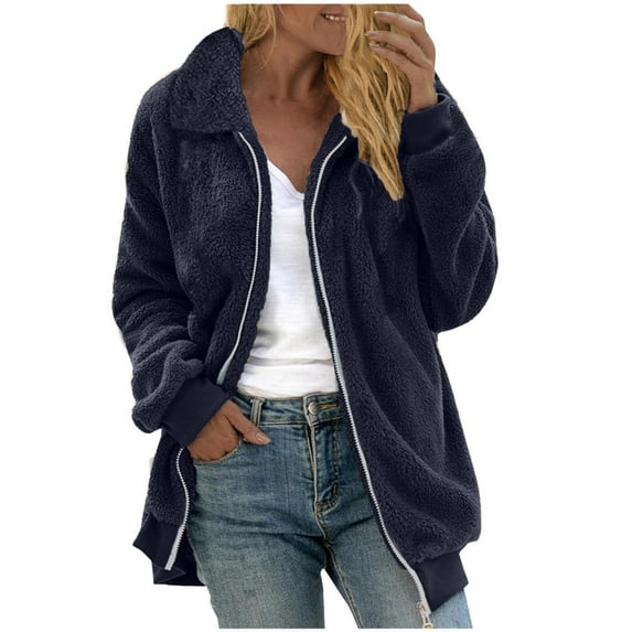 Sherpa Fleece Jacket for Women Fuzzy Warm Full Zip Up Sweater Cardigan Lapel Neck Casual Solid/Striped Winter Coat (2XL, Navy Solid)