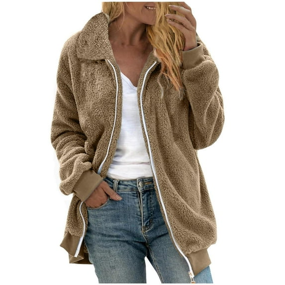 Sherpa Fleece Jacket for Women Fuzzy Warm Full Zip Up Sweater Cardigan Lapel Neck Casual Solid/Striped Winter Coat (S, Khaki Solid)