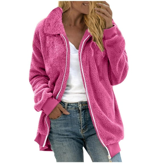 Sherpa Fleece Jacket for Women Fuzzy Warm Full Zip Up Sweater Cardigan Lapel Neck Casual Solid/Striped Winter Coat (S, Pink Solid)