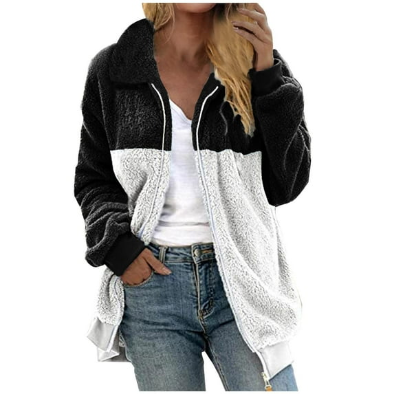 Sherpa Fleece Jacket for Women Fuzzy Warm Full Zip Up Sweater Cardigan Lapel Neck Casual Solid/Striped Winter Coat (XL, Black 01)
