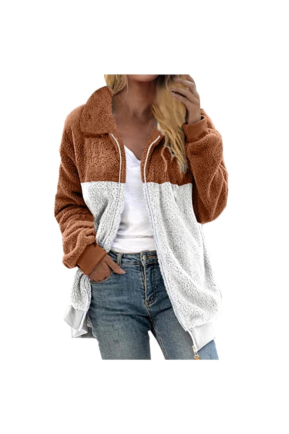 Sherpa Fleece Jacket for Women Fuzzy Warm Full Zip Up Sweater Cardigan Lapel Neck Casual Solid/Striped Winter Coat (XL, Coffee 01)