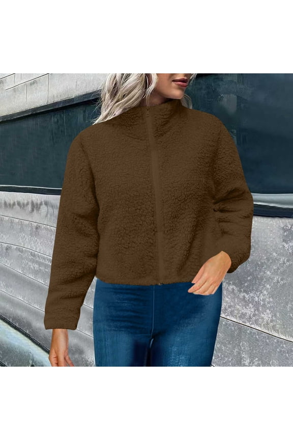 Sherpa Fleece Jackets for Women Fall Trendy Varsity Jacket Stand Collar Loose Fit Cozy Outerwear with Pockets