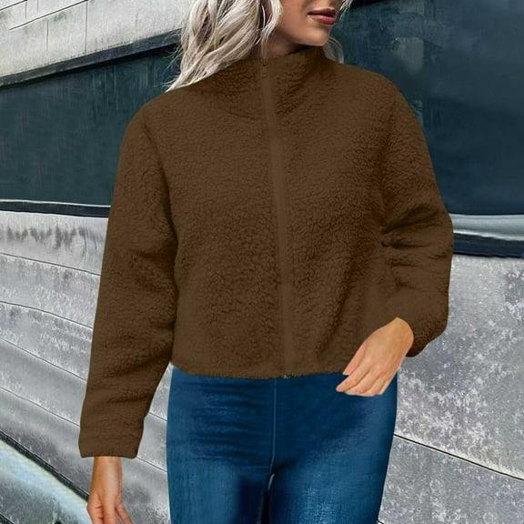Sherpa Fleece Jackets for Women Fall Trendy Varsity Jacket Stand Collar Loose Fit Cozy Outerwear with Pockets