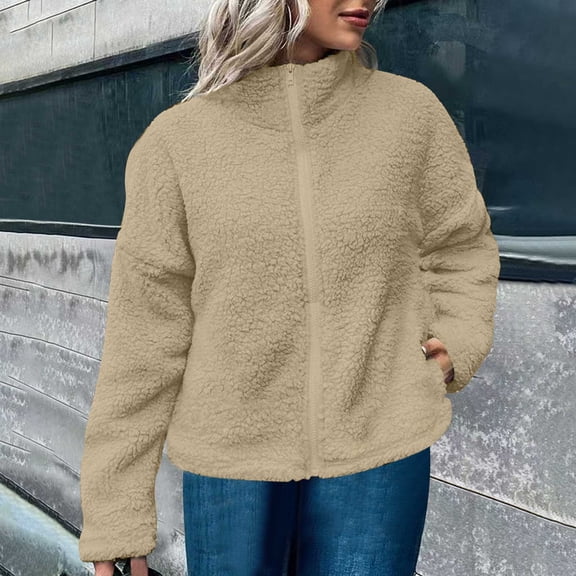 Sherpa Fleece Jackets for Women Fall Trendy Varsity Jacket Stand Collar Loose Fit Cozy Outerwear with Pockets