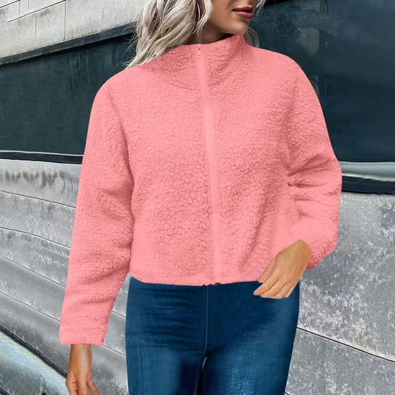 Sherpa Fleece Jackets for Women Fall Trendy Varsity Jacket Stand Collar Loose Fit Cozy Outerwear with Pockets