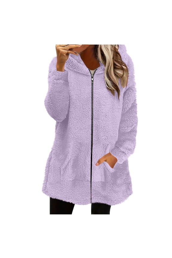 Sherpa Fleece Jackets for Women Full Zip Hooded Long Sleeve Fuzzy Plush Warm Coat Sweater Cardigan with Pockets (S, Purple)
