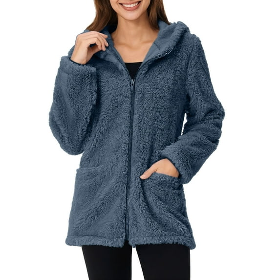 Sherpa Fleece Jackets for Women Lightweight Casual Solid Long Sleeve Full Zip Hooded Plush Coat Winter Warm Hoodies