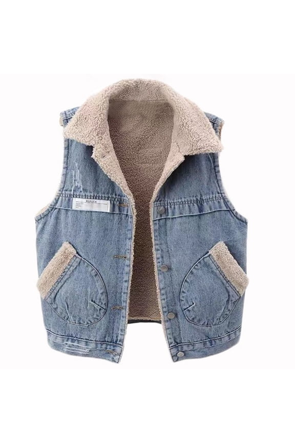Sherpa Fleece Lined Denim Vest for Women Loose Sleeveless Wool Warm Jean Jacket Button down Outwear Gilet with Pockets
