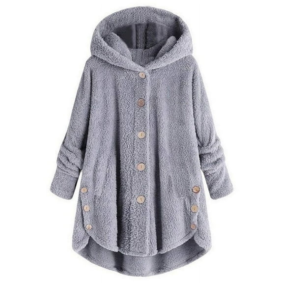 Sherpa Fleece Long Hoodie Womens Plus Size Thick Warm Button up Long Sleeve Plush Hooded Sweater Outerwear Coats (3X-Large, Gray)