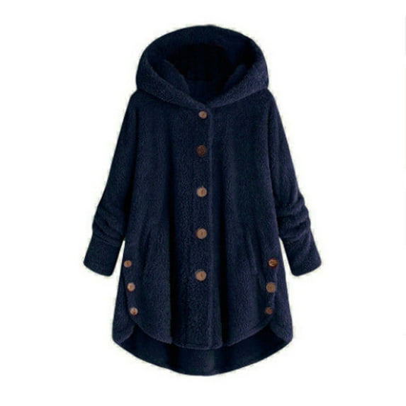 Sherpa Fleece Long Hoodie Womens Plus Size Thick Warm Button up Long Sleeve Plush Hooded Sweater Outwear Coats (X-Large, Navy)