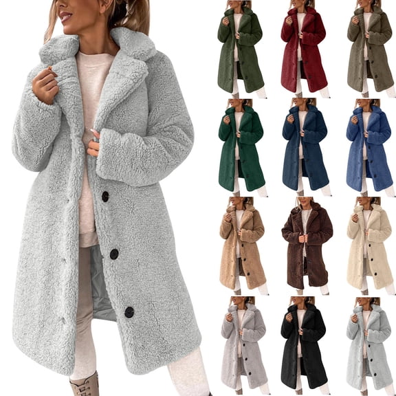 Sherpa Fleece Long Jackets for Women Fuzzy Long Sleeve Lapel Button Down Teddy Coat Winter Warm Faux Fur Overcoat Outwear