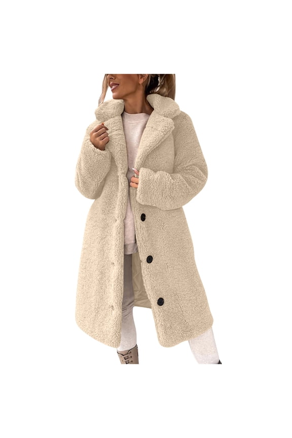 Sherpa Fleece Long Jackets for Women Fuzzy Long Sleeve Lapel Button Down Teddy Coat Winter Warm Faux Fur Overcoat Outwear