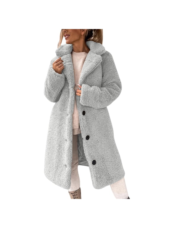 Sherpa Fleece Long Jackets for Women Fuzzy Long Sleeve Lapel Button Down Teddy Coat Winter Warm Faux Fur Overcoat Outwear