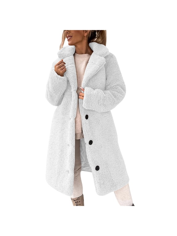 Sherpa Fleece Long Jackets for Women Fuzzy Long Sleeve Lapel Button Down Teddy Coat Winter Warm Faux Fur Overcoat Outwear