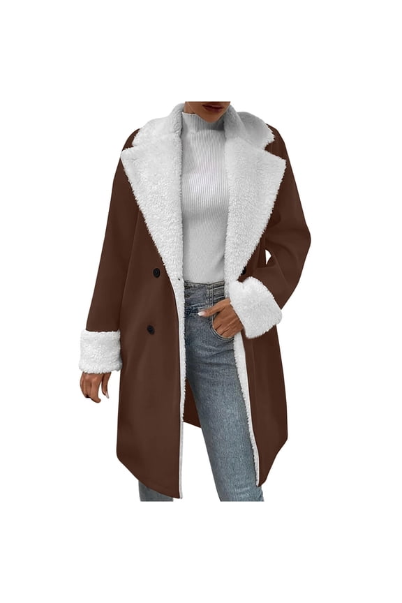 Sherpa Fleece Long Trench Coat for Women Winter Warm Notch Lapel Collar Double Breasted Overcoat Jacket Mid-length (Medium, Brown Long)