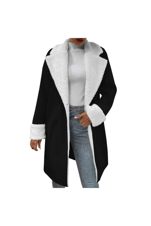 Sherpa Fleece Long Trench Coat for Women Winter Warm Notch Lapel Collar Double Breasted Overcoat Jacket Mid-length (Small, Black Long)