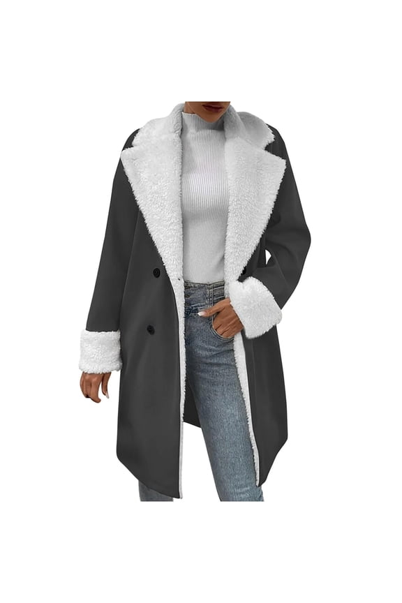 Sherpa Fleece Long Trench Coat for Women Winter Warm Notch Lapel Collar Double Breasted Overcoat Jacket Mid-length (X-Large, Gray Long)