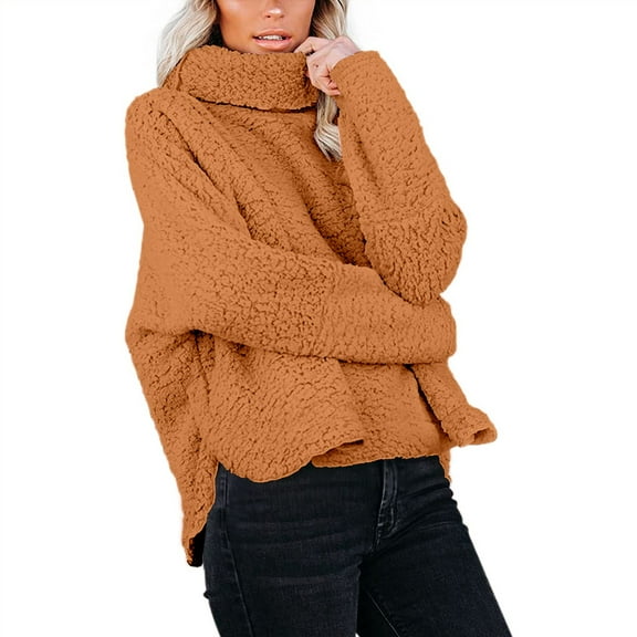 Sherpa Fleece Sweaters Women Turtleneck Crop Shaggy Loose Pullover Soft Warm Winter Tops Oversized Solid Jumpers (XL, Yellow)