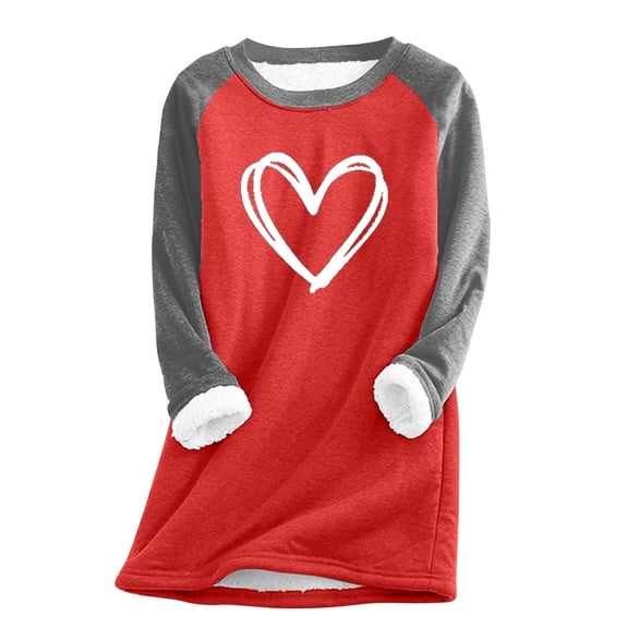 Sherpa Fleece Sweatshirt Women Love Heart Letter Print Crewneck Pullover Tops Warm Color Block Valentines Graphic Tops
