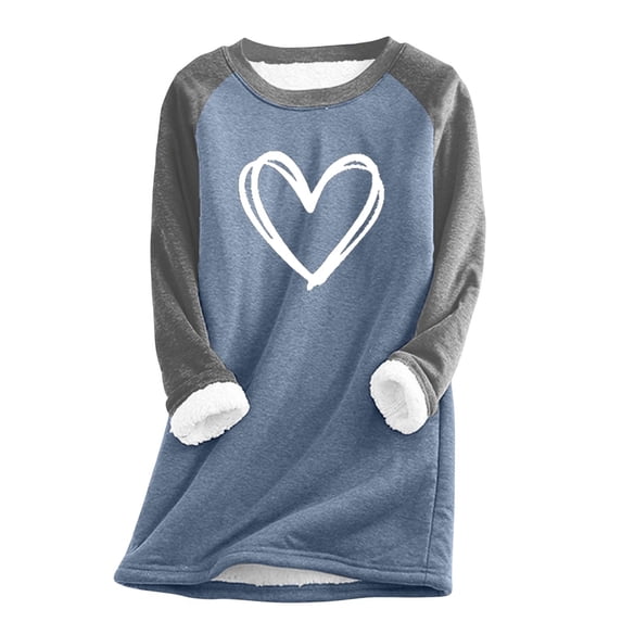 Sherpa Fleece Sweatshirt Women Love Heart Letter Print Crewneck Pullover Tops Warm Color Block Valentines Graphic Tops