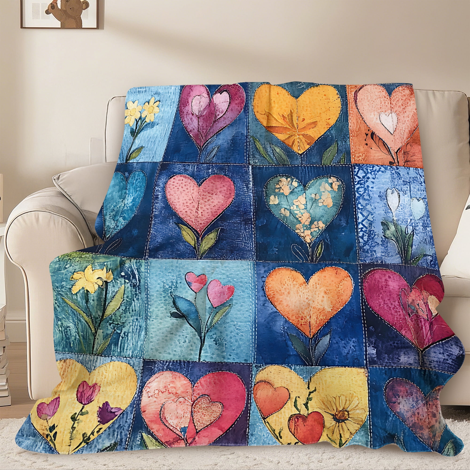 Sherpa Fleece Throw Blanket 40"x 50" Reversible Plush Fluffy Blanket, Double-Layer Super Soft Flannel Blanket for Sofa, Couch, Bed, Patchwork Floral & Heart Pattern