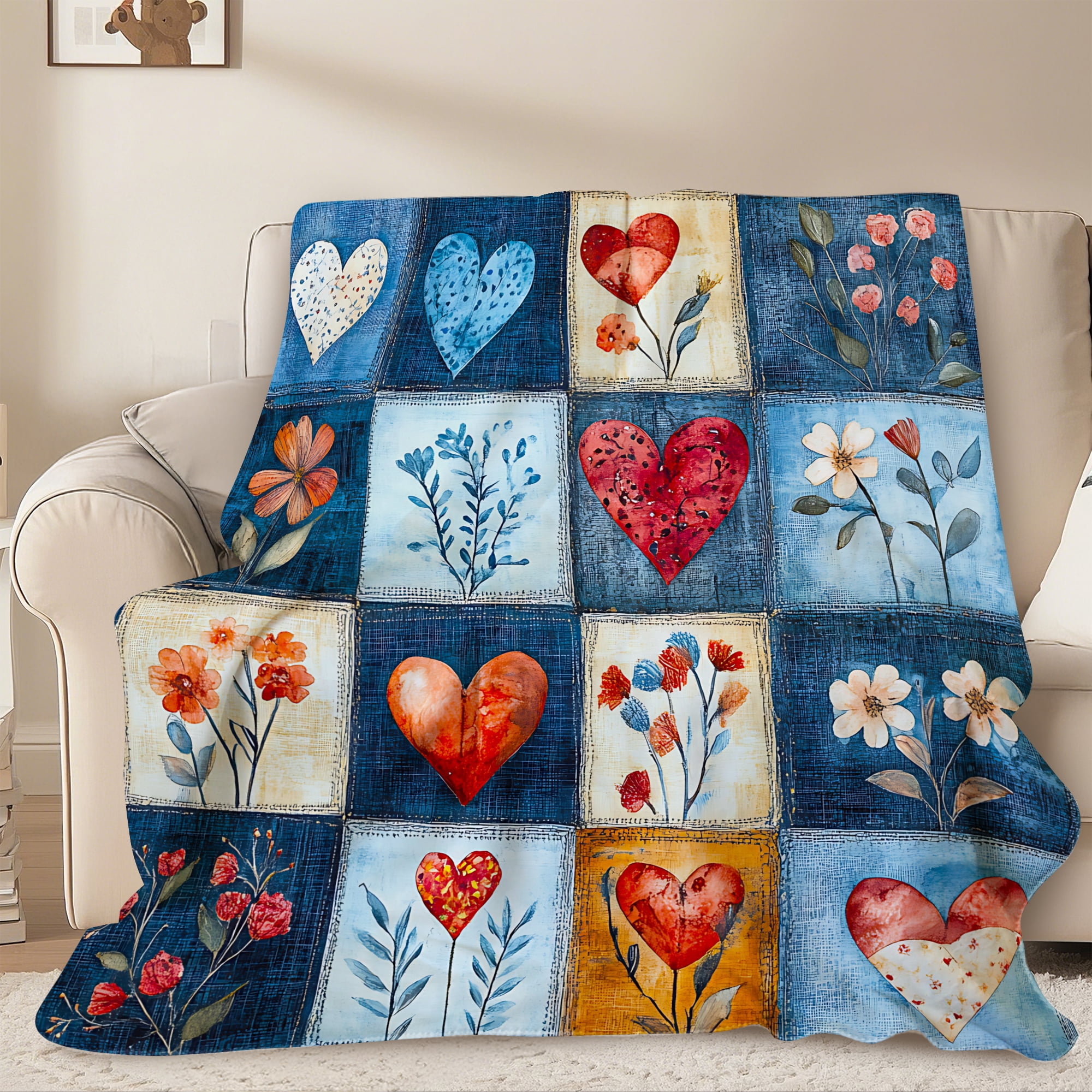 Sherpa Fleece Throw Blanket 40"x 50" Reversible Plush Fluffy Blanket, Double-Layer Super Soft Flannel Blanket for Sofa, Couch, Bed, Patchwork Floral & Heart Pattern