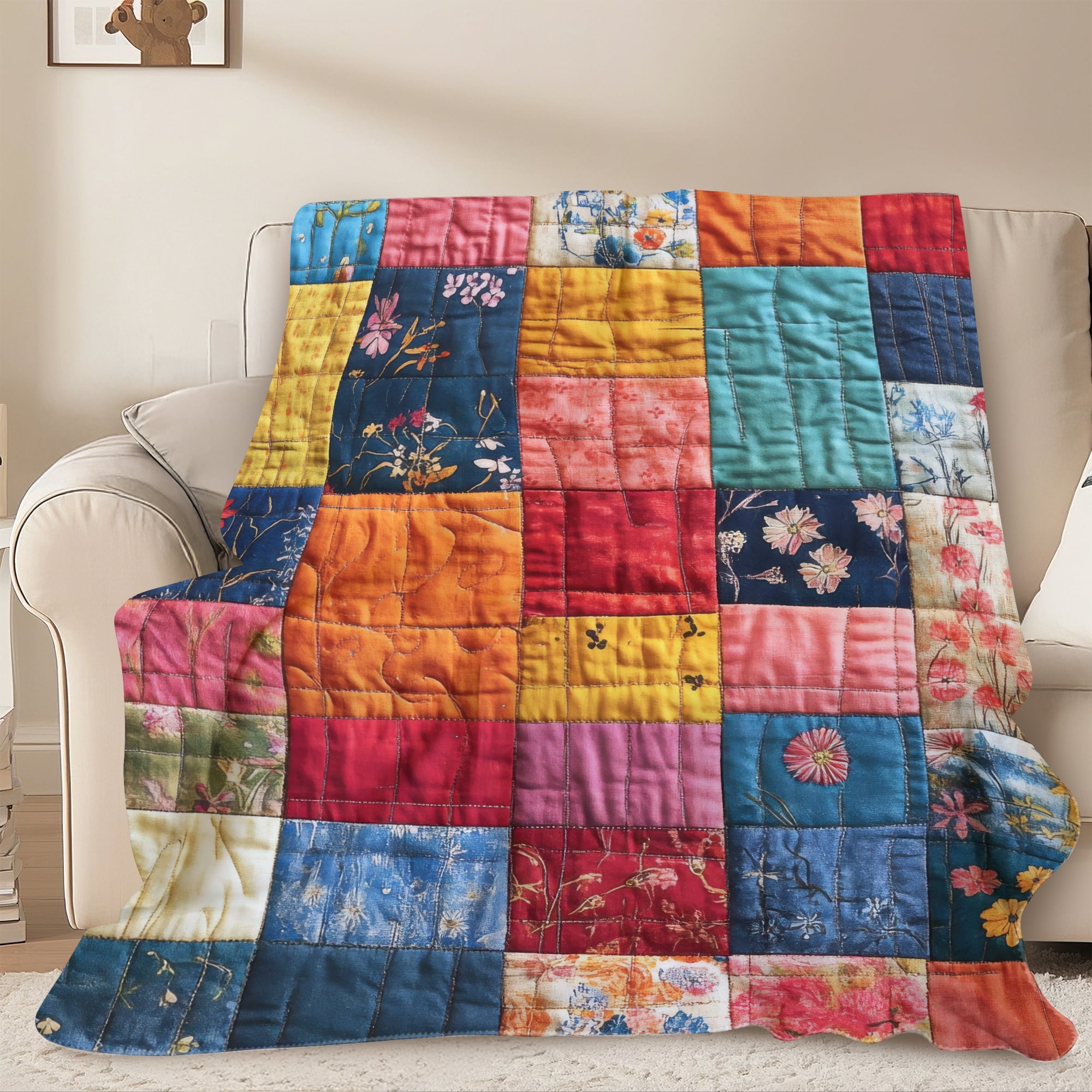 Sherpa Fleece Throw Blanket 40"x 50" Reversible Plush Fluffy Blanket, Double-Layer Super Soft Flannel Blanket for Sofa, Couch, Bed, Patchwork Floral Pattern