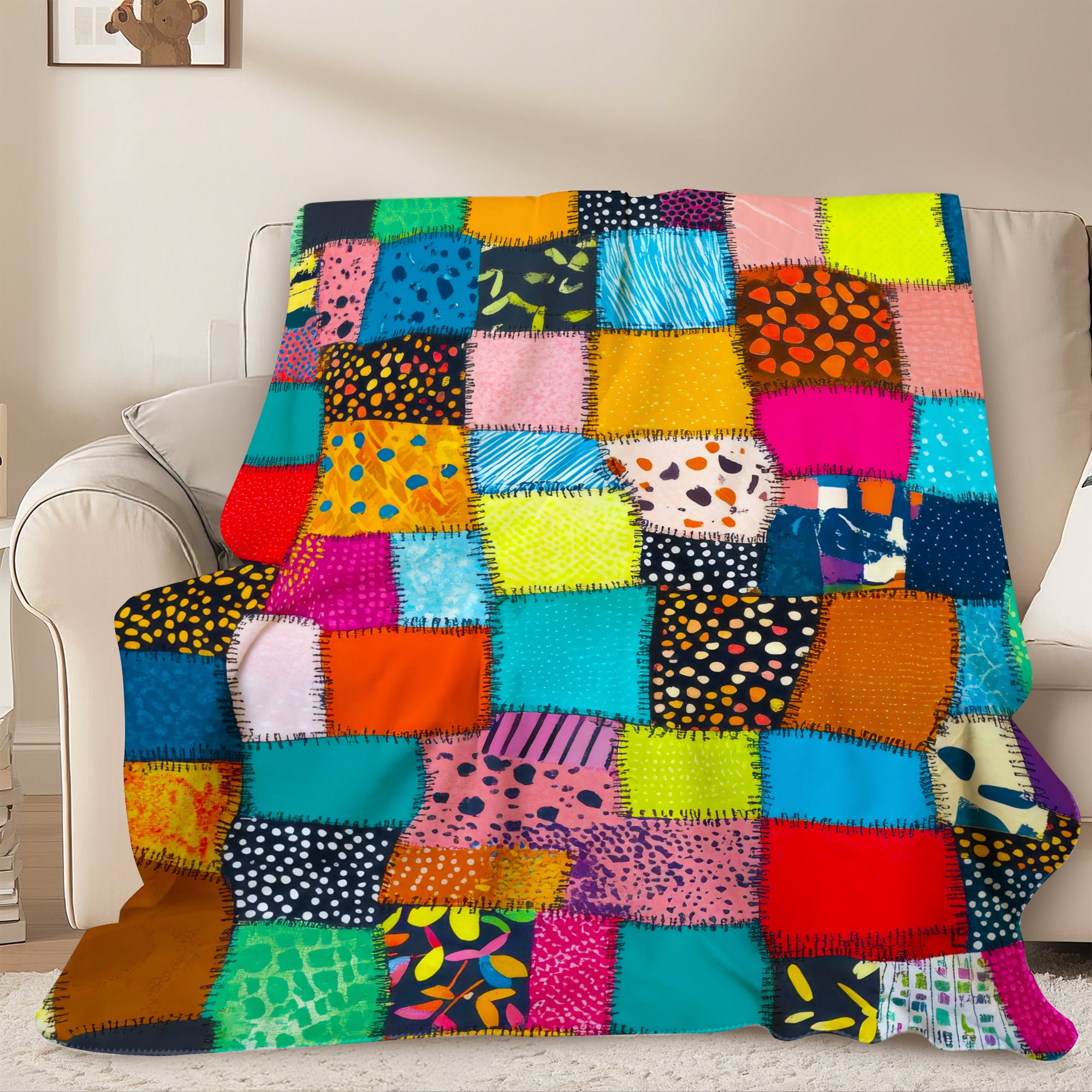 Sherpa Fleece Throw Blanket 40"x 50" Reversible Plush Fluffy Blanket, Double-Layer Super Soft Flannel Blanket for Sofa, Couch, Bed, Patchwork Floral Pattern