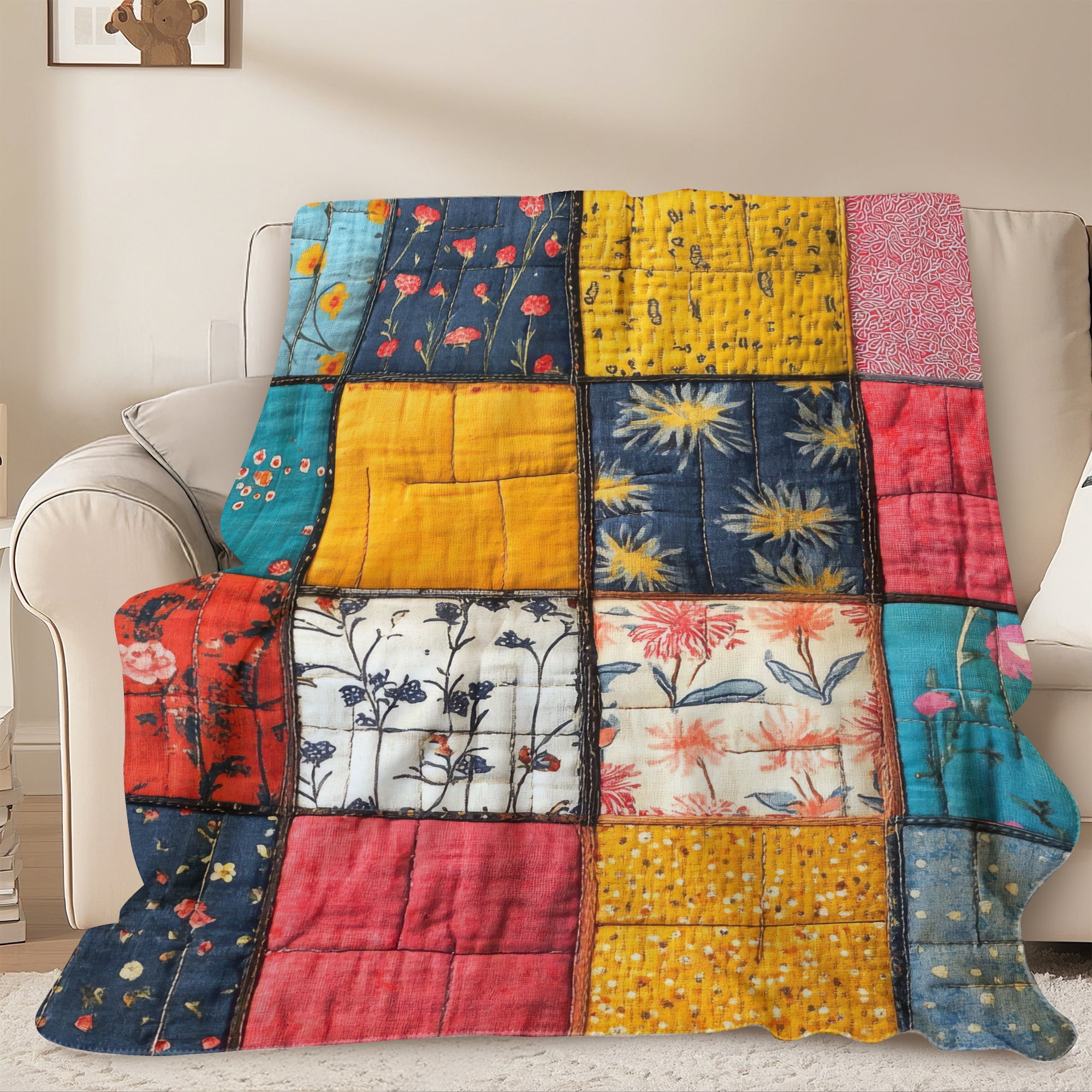 Sherpa Fleece Throw Blanket 40"x 50" Reversible Plush Fluffy Blanket, Double-Layer Super Soft Flannel Blanket for Sofa, Couch, Bed, Patchwork Floral Pattern