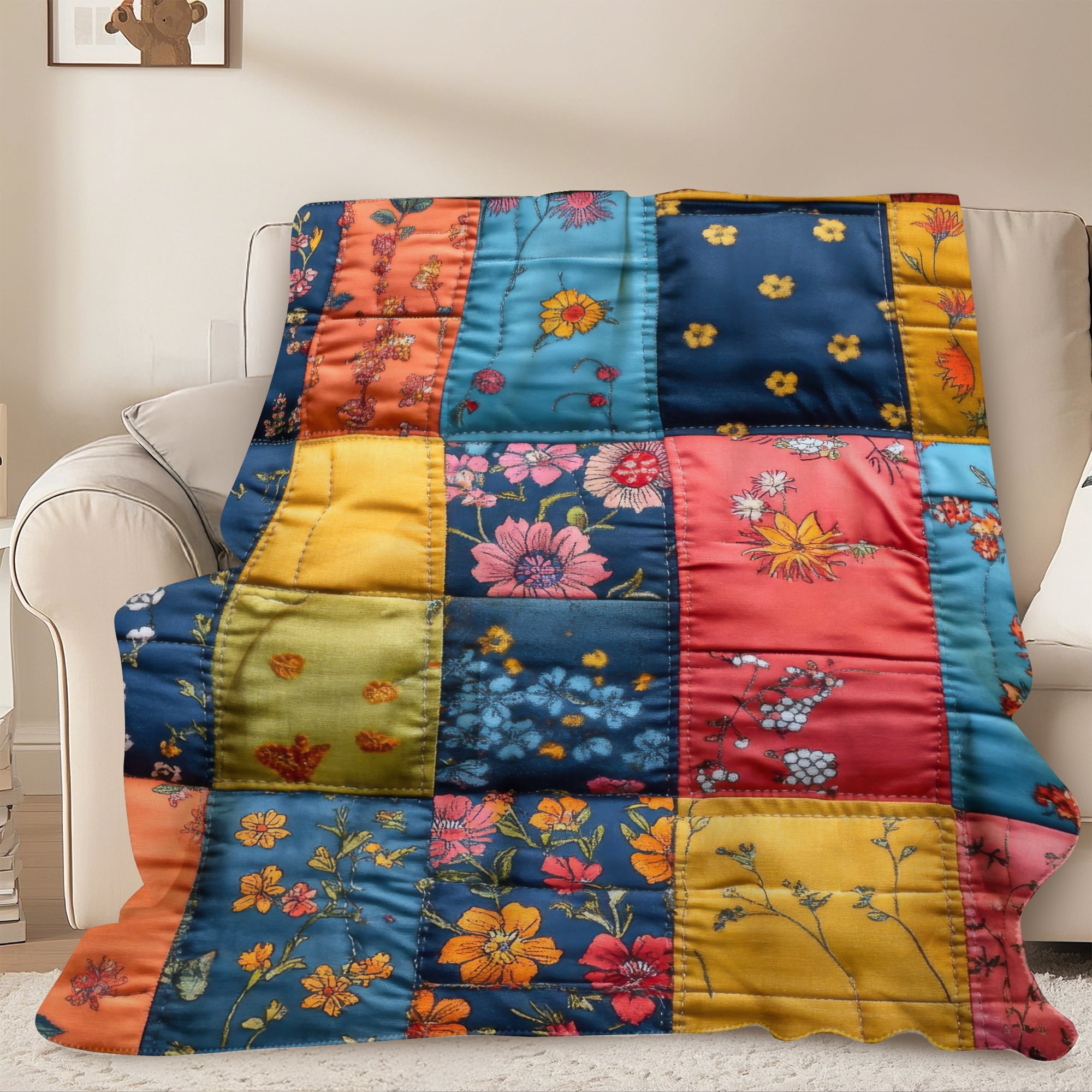Sherpa Fleece Throw Blanket 40"x 50" Reversible Plush Fluffy Blanket, Double-Layer Super Soft Flannel Blanket for Sofa, Couch, Bed, Patchwork Floral Pattern
