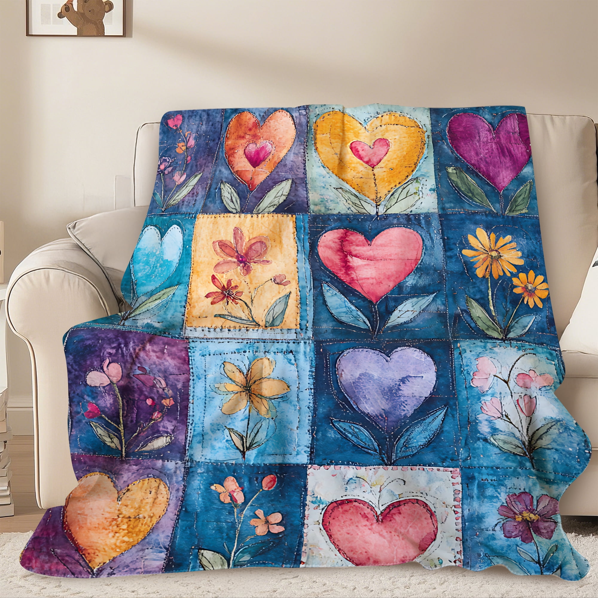 Sherpa Fleece Throw Blanket 50"x60" Reversible Plush Fluffy Blanket, Double-Layer Super Soft Flannel Blanket for Sofa, Couch, Bed, Patchwork Floral & Heart Pattern