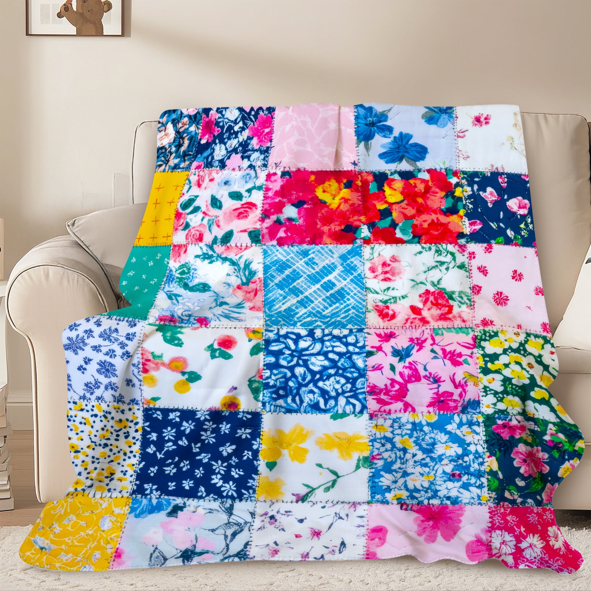 Sherpa Fleece Throw Blanket 50"x60" Reversible Plush Fluffy Blanket, Double-Layer Super Soft Flannel Blanket for Sofa, Couch, Bed, Patchwork Floral Pattern